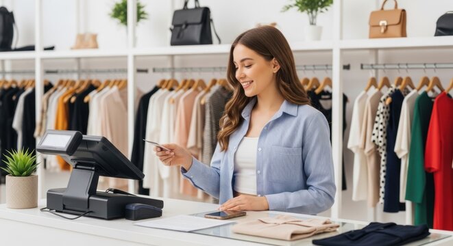 Smiling female shop assistant using credit card reader at clothing store counter.