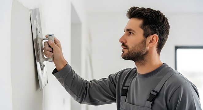 Young Male Plasterer Applying Plaster to Wall with Trowel During Renovation.