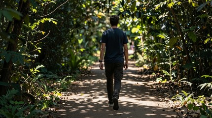 Obraz premium Person Walking Along Scenic Path in Lush Green Jungle Environment
