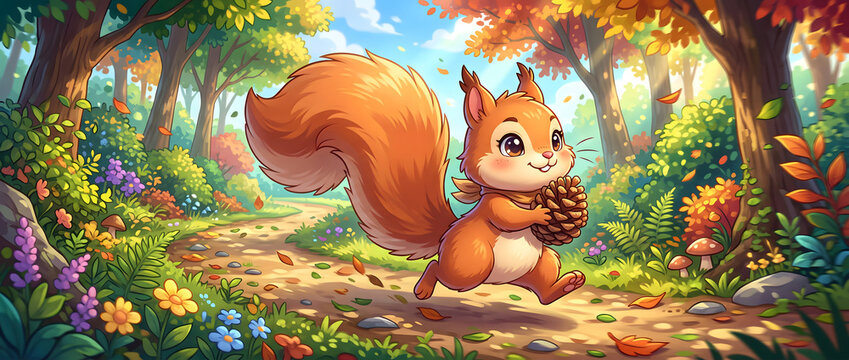 A cute squirrel runs along a forest path in autumn while holding a pinecone