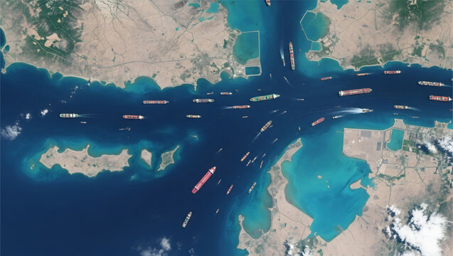 High Angle Satellite View of Strait of Hormuz Strategic Maritime Chokepoint for Global Trade