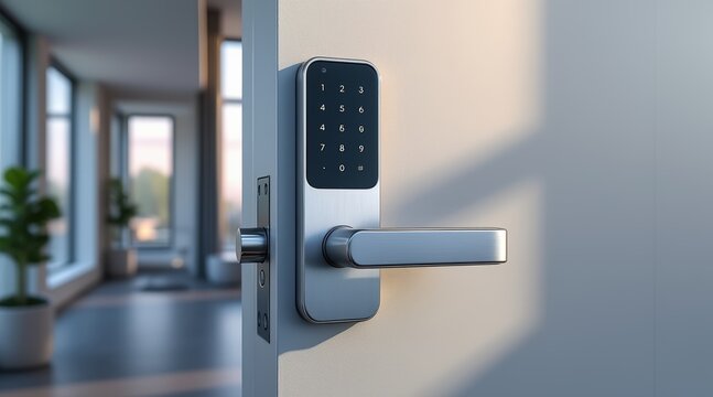 Modern smart digital door lock on white interior door with keypad entry