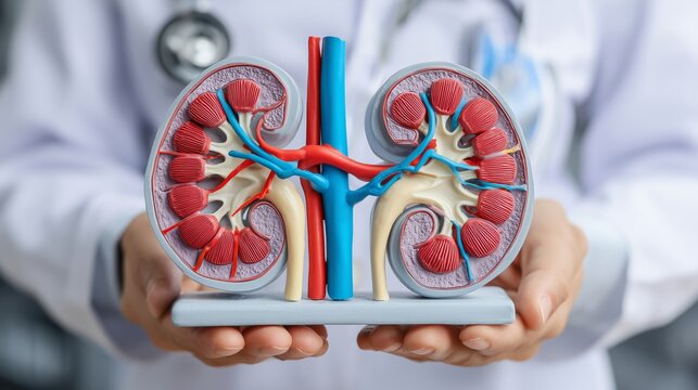 Doctor holds model of the urinary system for understanding chronic kidney disease and eGFR measurement in urology setup