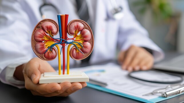 Doctor holds model of kidneys while discussing chronic kidney disease and eGFR treatment options in a urology clinic