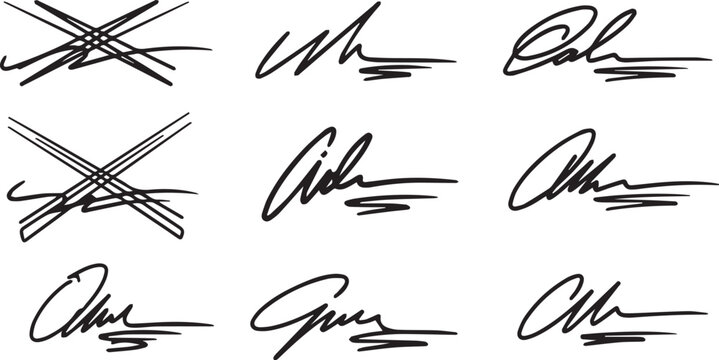 Collection of nine unique handwritten signature graphic elements for artistic design and documentation purposes on transparent background.