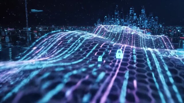 A digital network wave of glowing mesh and binary code, sleek big-data and cybersecurity scene with immersive futuristic motion, ultra-realistic, no logos.
