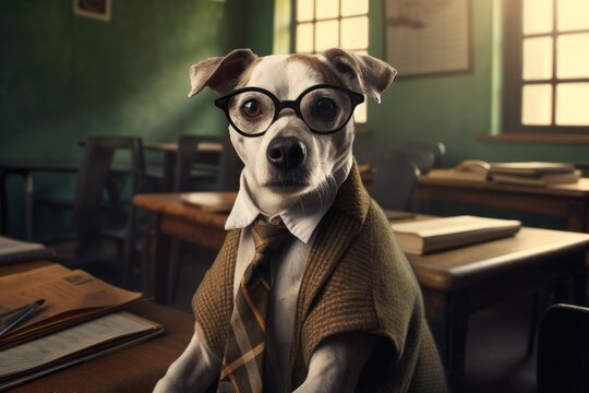 Dog student wearing glasses and a formal tie sitting at a desk in a classroom setting