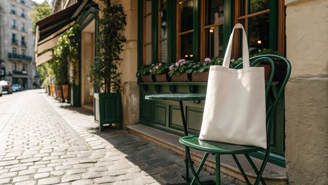 White canvas tote bag resting on a chair outside a parisian cafe