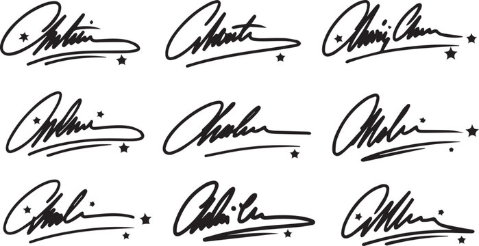 Elegant cursive signatures decorated with star accents and underlines for premium brand identity and celebrity style autographs.