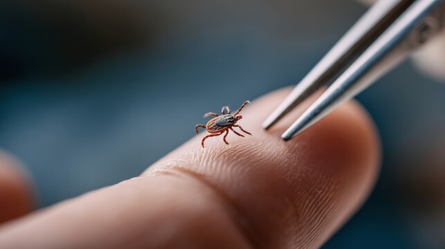 Doctor removes a tick from the hand of a patient using tweezers in a medical setting during an office visit