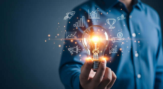 Business Innovation Strategy Concept with Glowing Light Bulb and Financial Growth Icons