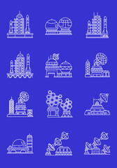 Obraz premium Futuristic Space Center and Satellite Communication Station Blueprint Icons Set Rocket Launch Pad Radar Dishes and Astronomical Research Center Symbols