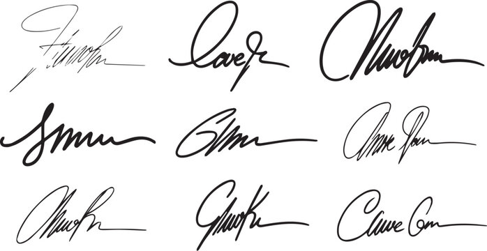 Corporate signature bundle with professional cursive names and flowing script lettering for legal documents and business seals.