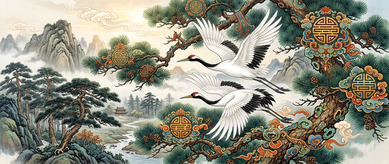 Fototapeta premium Traditional Chinese painting of pine trees and cranes symbolizing longevity in mountainous landscape