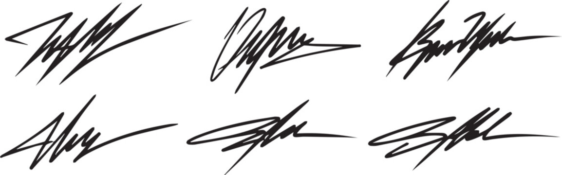Set of black hand drawn signatures and handwriting scripts on transparent background for document verification and personal identity.
