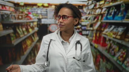 Fototapeta premium Woman doctor with stethoscope points finger to temple in supermarket aisle; thoughtful pondering doubt.