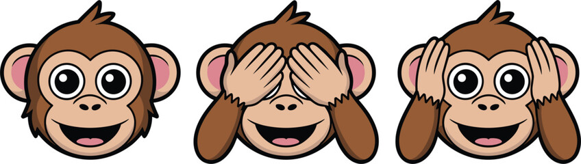 Three Wise Monkeys Emoji Set with See No Evil Hear No Evil Speak No Evil Cute Cartoon Monkey Faces Vector Illustration © Md