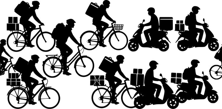 Black silhouettes of delivery couriers riding bikes and scooters, carrying packages, urban gig economy concept isolated on white background