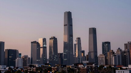 Obraz premium Modern City Skyline at Sunset with Tall Skyscrapers and Buildings