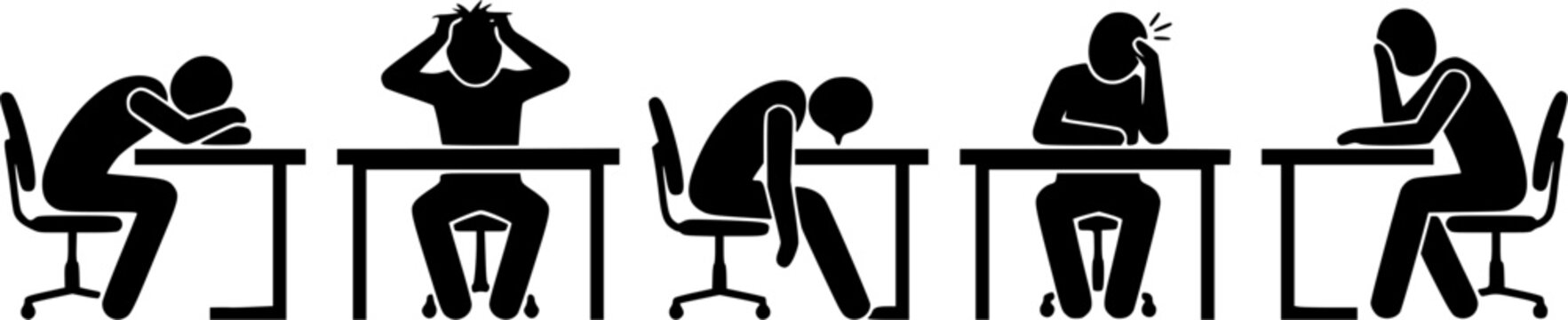 Black silhouettes of office worker burnout, slouched sitting, head on desk, stress and work fatigue poses isolated on white background