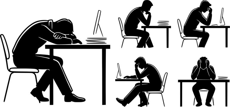 Black silhouettes of office worker burnout, slouched sitting, head on desk, stress and work fatigue poses isolated on white background