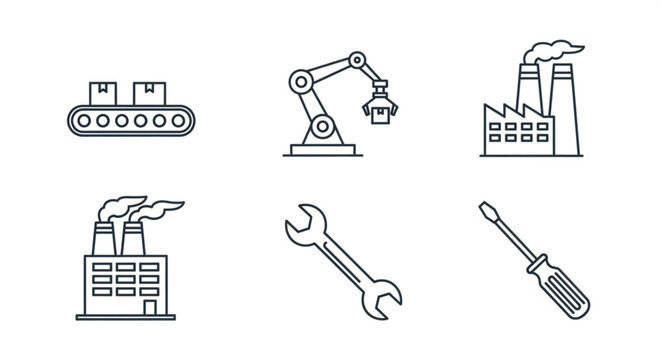 Industrial icons set factory conveyor belt robot arm wrench and screwdriver.