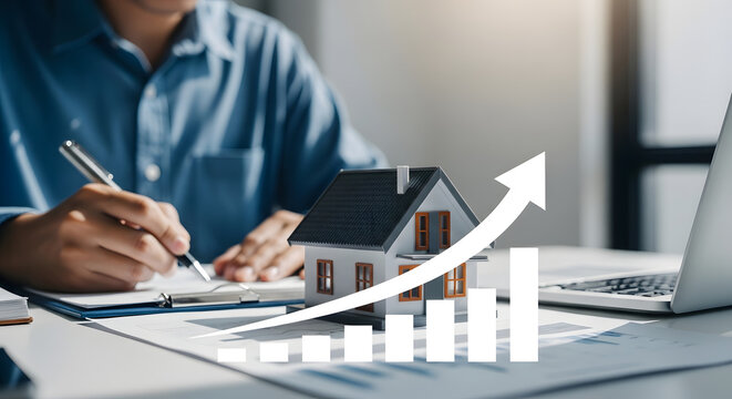 Property Investment Analysis: A focused individual analyzes property data, using a model home to visualize the investment potential, symbolized by a rising graph indicating positive growth.