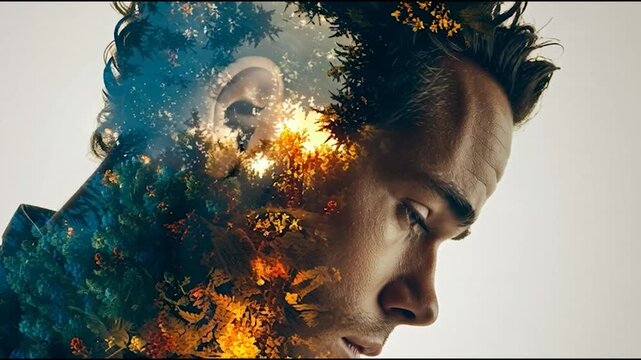 Double exposure of a man and fire.