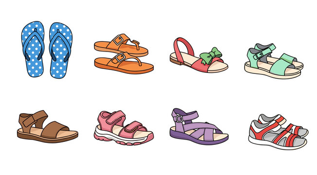 Large Collection of Summer Sandals and Flip Flops Footwear for Beach and Travel, Various Styles of Casual Shoes for Men Women and Kids Fashion Concept Flat Vector Illustration Set