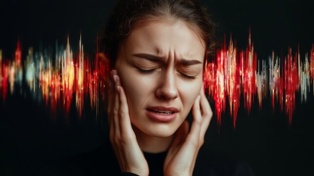 Person experiences hearing sensitivity and discomfort from sound waves in a dark setting during the day