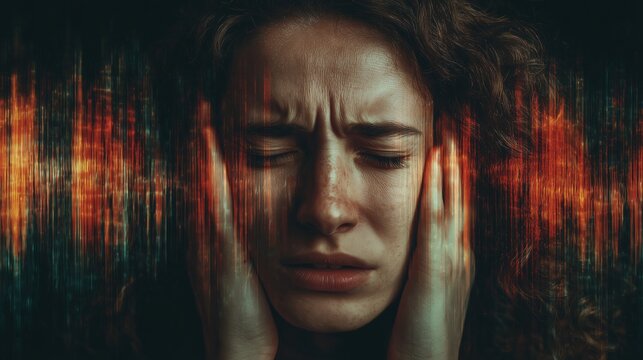 Person feeling discomfort from sound waves and experiencing hearing sensitivity in an indoor setting