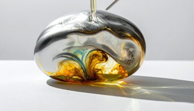 Abstract Liquid Metal Alloy Sculpture with Shifting Colors in Sculpted Clear Container