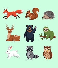 Fototapeta premium Forest Animals Collection with Fox Bear Deer Rabbit Squirrel Raccoon Owl and Hedgehog, Cute Woodland Wildlife Character Set Vector Illustration
