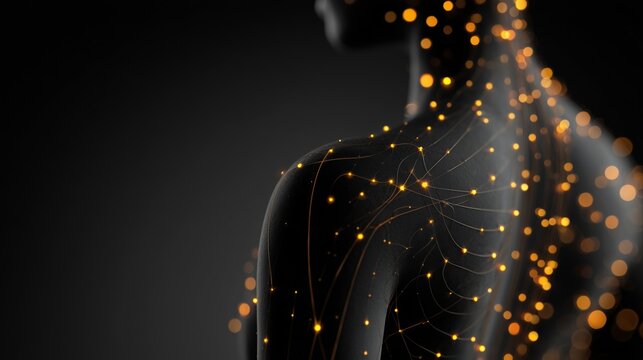 Glow representation of fibromyalgia showing pain and fatigue through points of light to raise awareness about invisible diseases