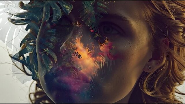 Woman face with colorful leafy background.