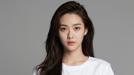 Naklejka premium Young woman with long hair and natural expression in studio portrait