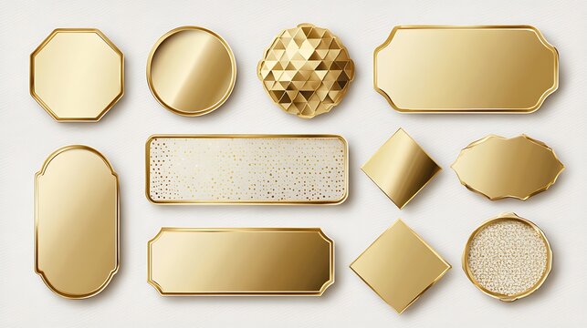 Assortment of golden, framed shapes on a white surface, diverse designs and textures