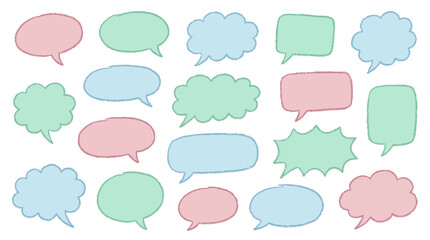 Fototapeta premium Childish crayon drawn pastel speech bubble stickers. Scribble doodle solid color elements for hand drawn notes, collages and social media designs. Blank dialogue or conversation clouds, shapes set.