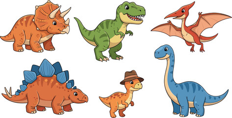 Cute cartoon dinosaur vector collection featuring Tyrannosaurus Rex Triceratops Stegosaurus Brachiosaurus and Pterodactyl illustrations for children educational books and nursery room wall art decor © MdRezaul