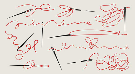 Naklejka na ściany i meble Black thin Needles, curvy tangled red Threads set. Various positions. Hand drawn Vector illustration. Tailor, sewing instrument, needlework, fashion concept. Isolated design elements 