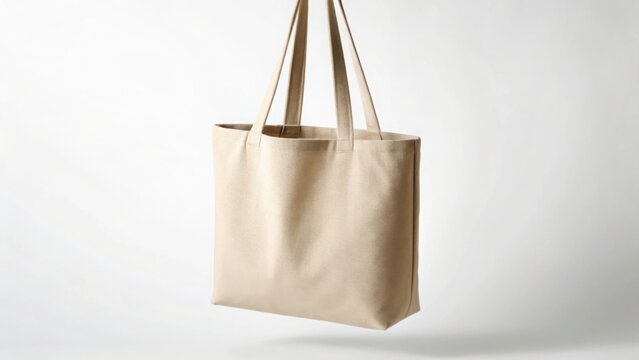 Beige canvas tote bag with handles floating against a white background