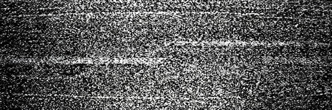 Abstract noise texture in wide banner composition with copy space, monochrome grain background, digital static effect, modern design.