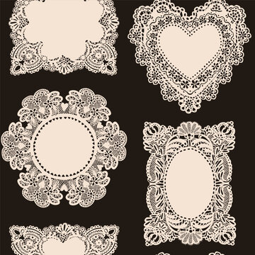 Elegant lace napkins, Frames. Various shapes, ornaments, crochet doily borders. Hand drawn Vector illustration. Wedding invitation, greeting card, Valentine day concept. Square seamless Pattern