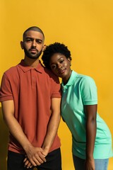 Naklejka premium Young woman leaning on man in front of yellow background