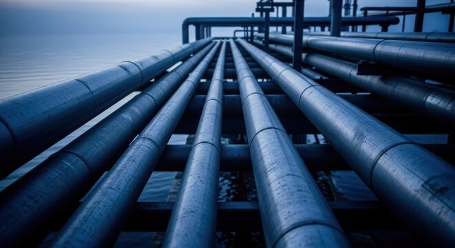 Perspective shot of parallel metal pipes against a blurred backdrop of water and sky