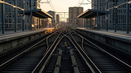 Fototapeta premium Perspective view of train tracks and platforms leading to city skyscrapers at sunset