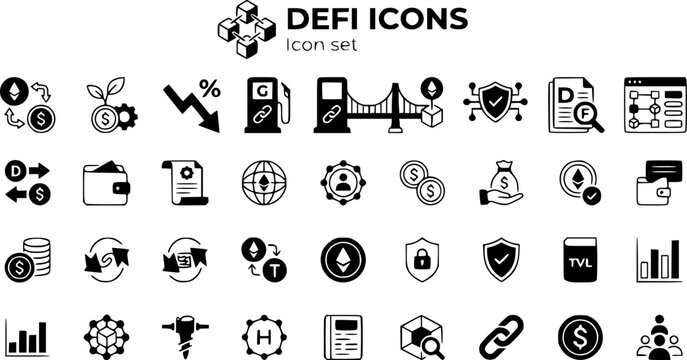 DeFi Mechanics Icon Set Liquidity Pool Yield Farming Slippage Gas Fee Bridge Staking Validator Blockchain UI Documentation Vector Illustration