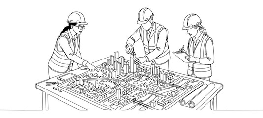 Obraz premium Construction Teamwork One Line Art Illustration – Industrial Collaboration Concept for Engineering Projects, Company Branding, Safety Campaigns, Posters & Workforce Management Design