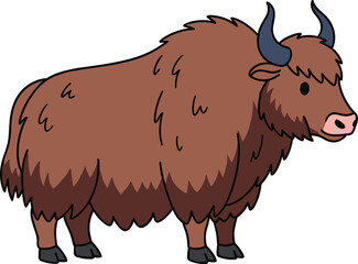 Obraz premium Yak Cartoon Illustration with Shaggy Fur and Curved Horns for Farm Animal Design, Mountain Livestock Concept, and Cute Wildlife Graphics