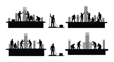 Fototapeta premium Construction workers building concrete structures depicted in a black silhouette style